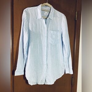 GAP Linen Oversized Boyfriend Striped Button Front Shirt Small Blue